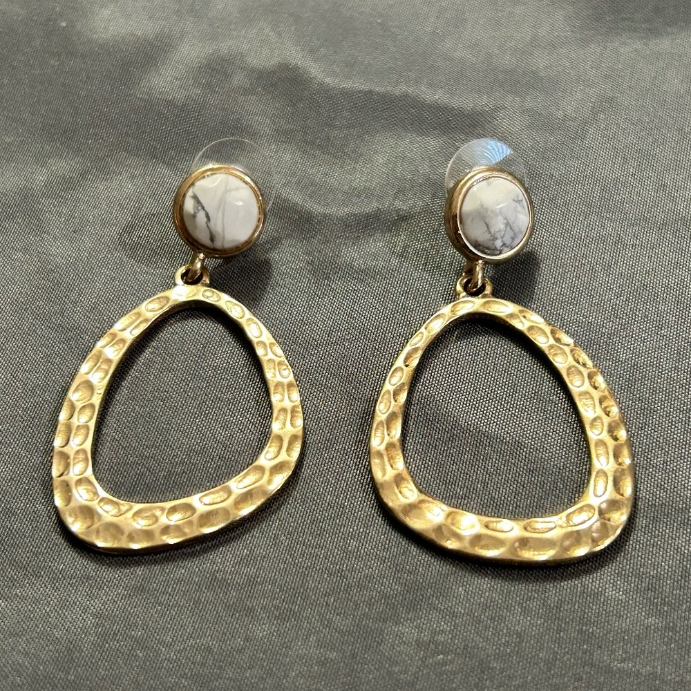 Gold Tone Dangle Earrings with White Stone Stud